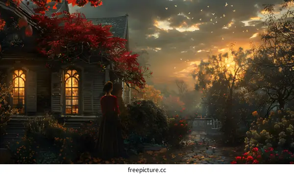 Woman Standing Near a House With a Sunset in the Background