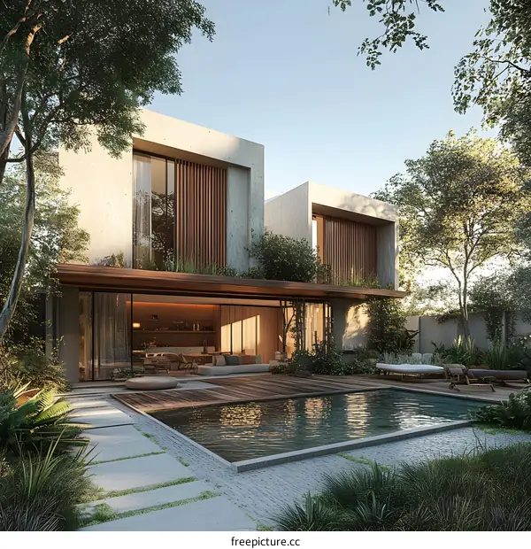 Modern Minimalist Concrete House with Swimming Pool and Lush Greenery