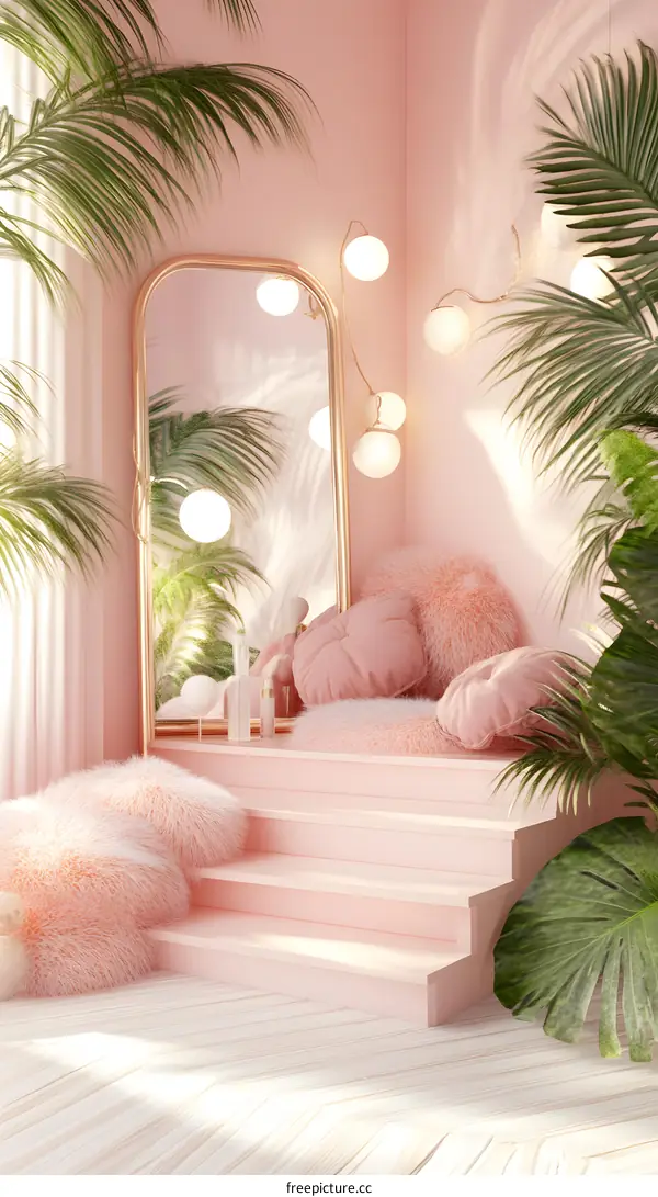 Pink Room Interior Design with Furry Pillows and Palm Leaves