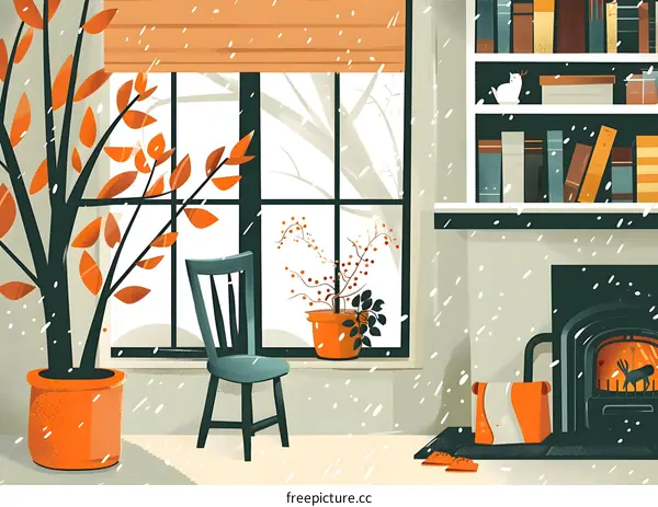 Cozy Winter Scene With Fireplace and Snow