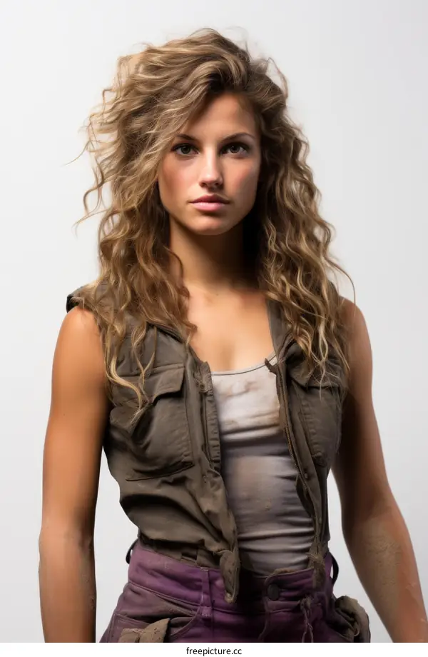 portrait of a young woman with long curly hair wearing a dirty vest