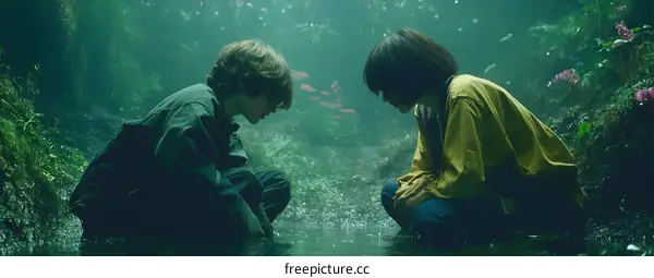 Two People Sitting by a Stream in a Forest