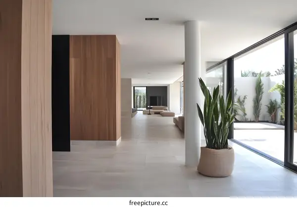 Modern Interior Design with Light Wood Panels and Large Windows