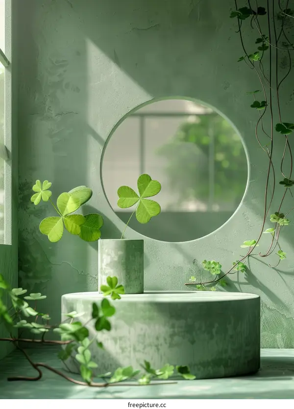 Green podium with clovers and sunlight