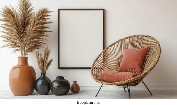 Bohemian Style Empty Frame with Decorative Vases and Chair