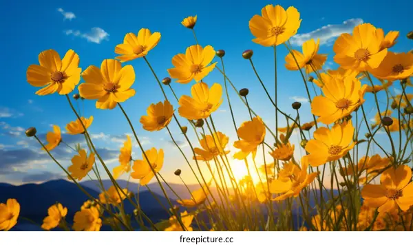 Field of yellow flowers with mountains in the distance