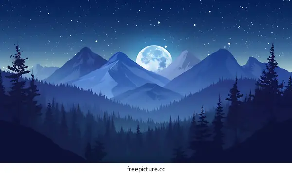 Night Sky with Full Moon Over Mountains and Forest
