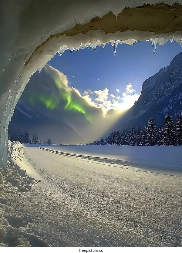 Aurora Borealis Seen Through An Ice Cave In Winter