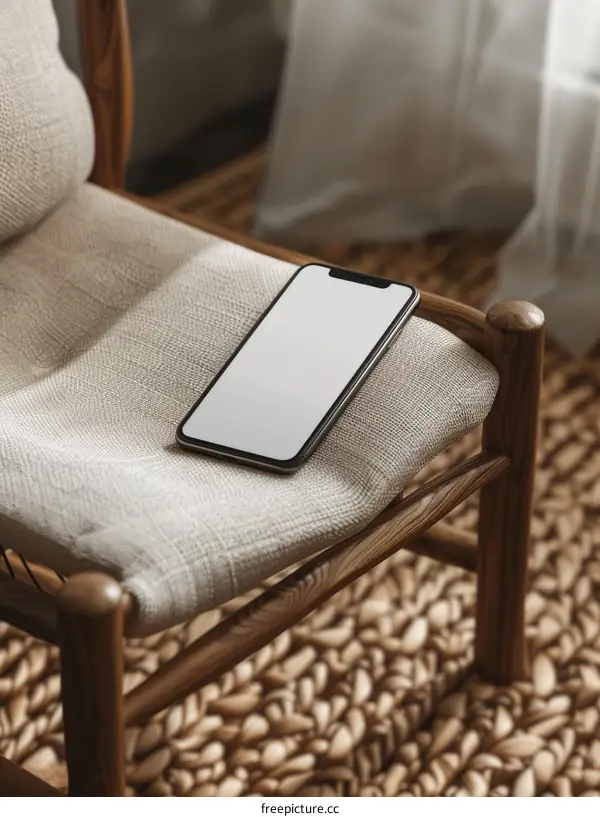 Black mobile phone mockup on the wooden chair in home interior