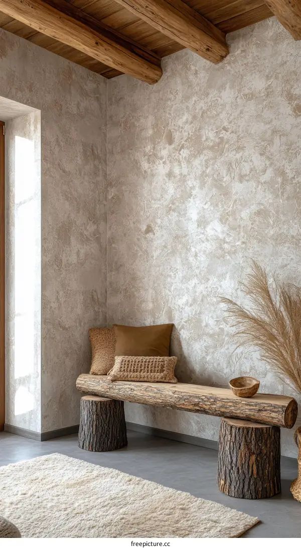 Rustic Wooden Bench in a Modern Boho Living Room