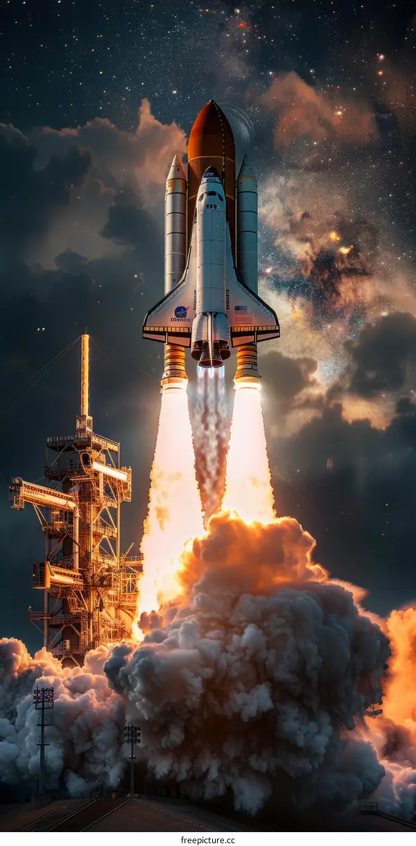 Space Shuttle Atlantis launching into the starry sky