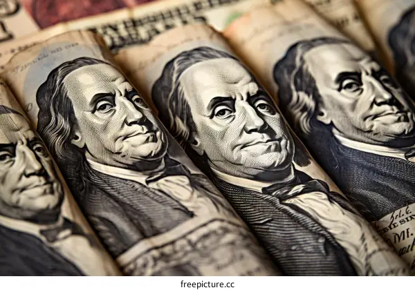 Black and white portrait of Benjamin Franklin on one hundred dollar bills