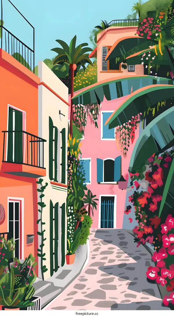 Colorful Buildings and Greenery on a Cobblestone Street