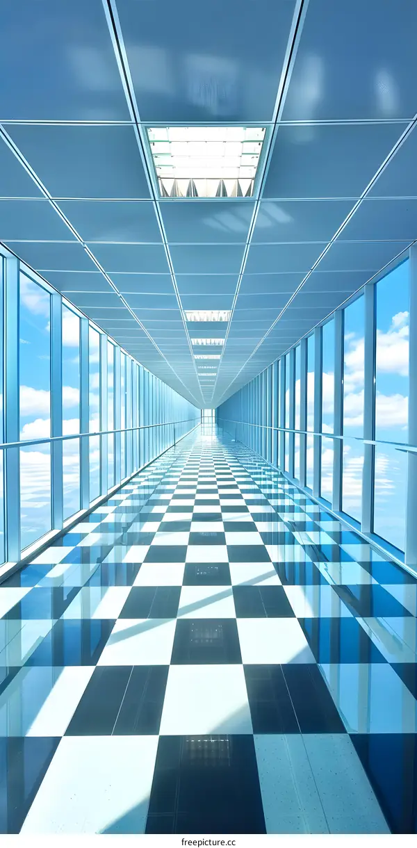 Checkered Floor in Modern Office Building with Glass Walls