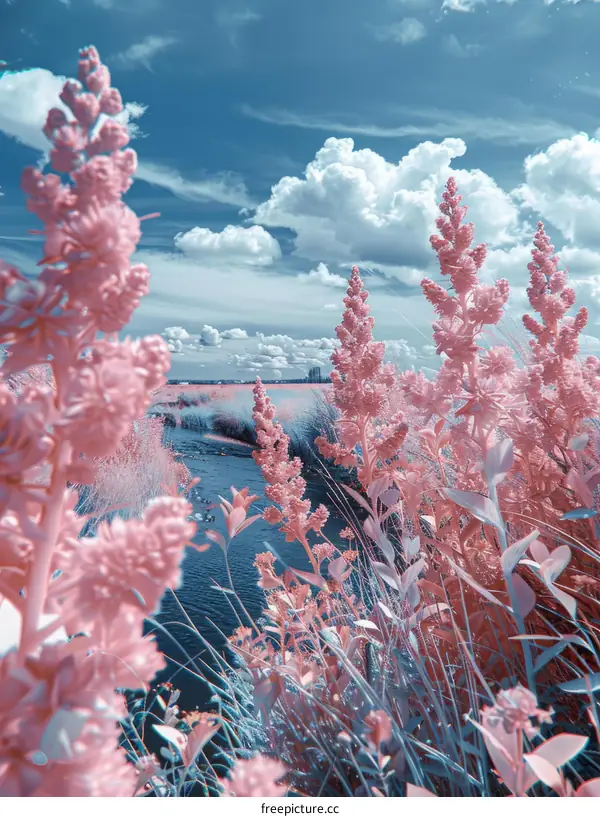 Pink flowers in front of a river with a cityscape in the distance