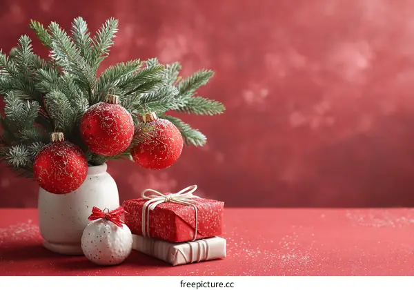 Christmas Decoration with Red Ornaments and Gifts