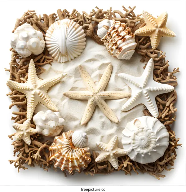 Seashells and Starfish on Sand