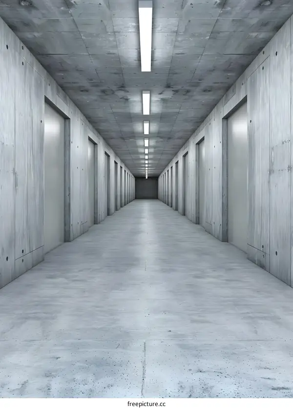 Concrete Corridor with Doors and Lights