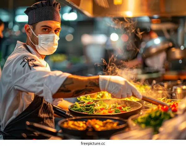 Chef wearing a mask cooking in a restaurant kitchen