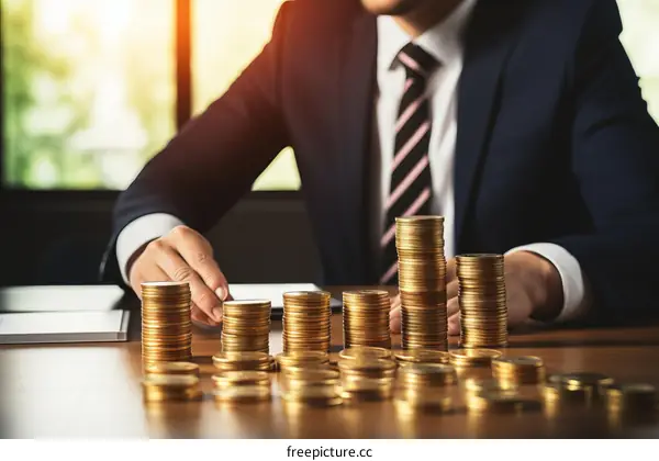 Businessman stacking gold coins money growing concept