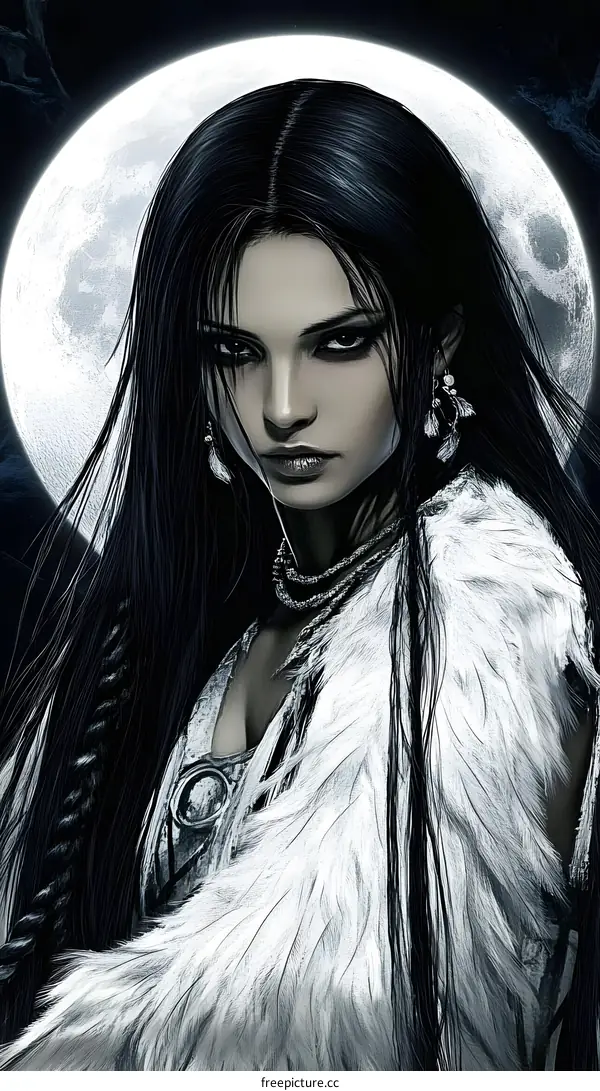 Dark Fantasy Woman With White Fur And Long Black Hair Under Full Moon