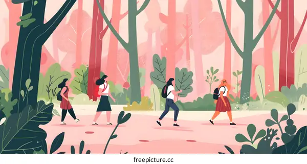 Girls Hiking in Forest Illustration