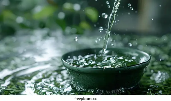 Green tea leaves with water drops and ripples