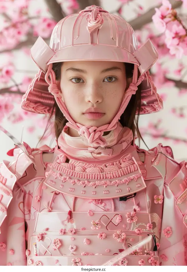 A young woman wearing a pink samurai helmet and armor stands in a field of cherry blossoms.