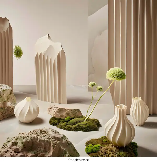 Minimalist Abstract Still Life With White Vases and Green Plants