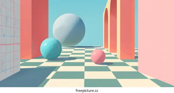 Abstract 3D Illustration of Colorful Balls in a Room with Arches