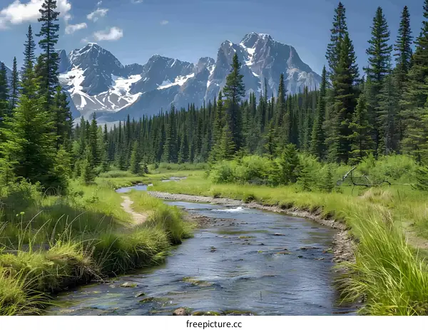 Mountain Stream with Forest and Snow Capped Peaks