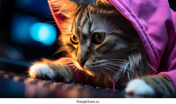 A pink hoodie-wearing cat is sitting on a computer keyboard