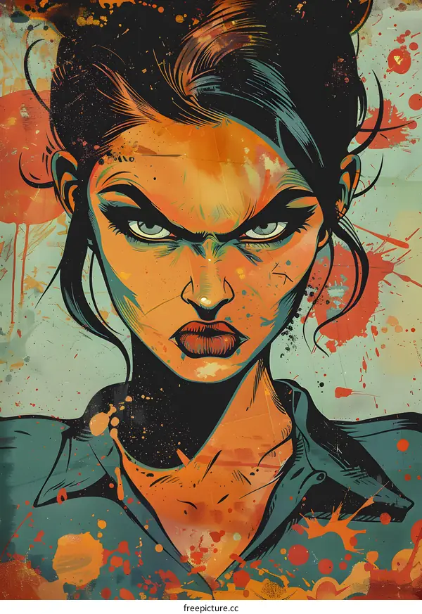 A digital painting of a womans face with a stern expression.