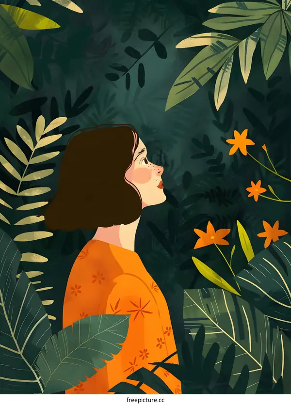 Woman in a Lush Tropical Forest Illustration
