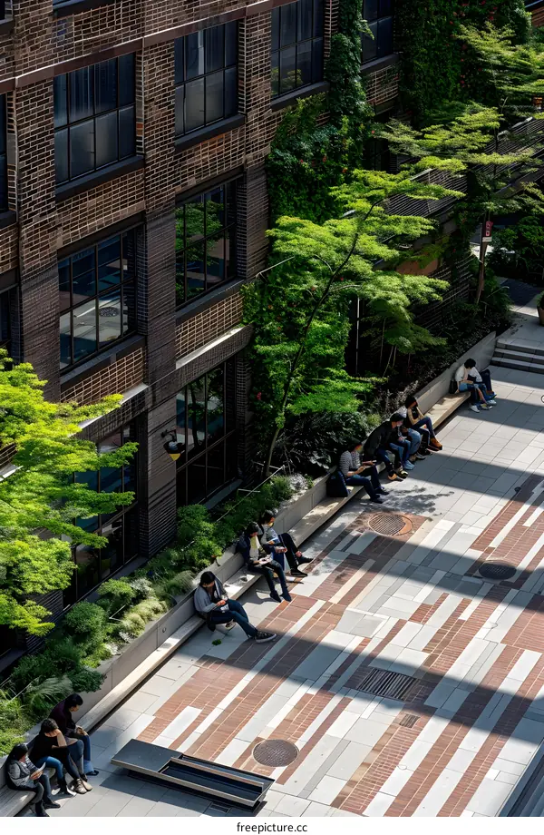 People Sitting On A Bench In Front Of A Brick Building