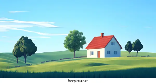 Simple House Illustration with Red Roof and Green Trees