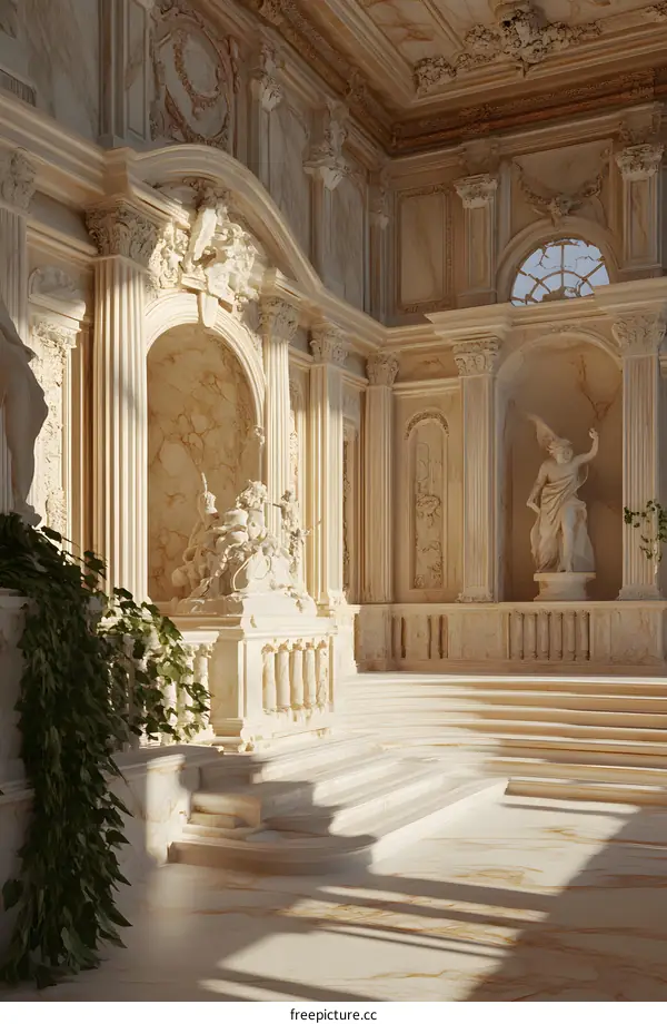 Marble Palace Interior With Statues and Sunlight