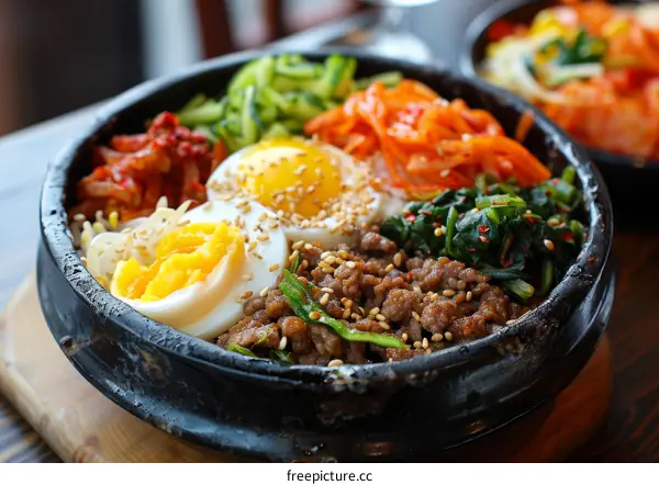 Delectable Korean dish, Bibimbap - a bowl of rice with assorted vegetables and meat