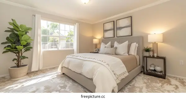 A bedroom with a large bed, windows and a plant