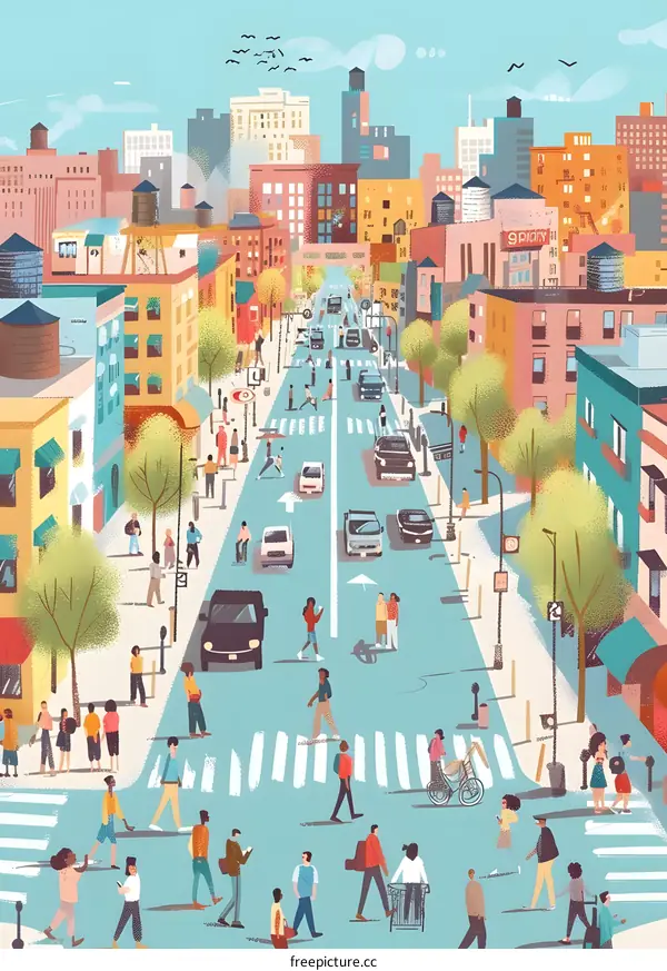 City Street Illustration with People Walking and Driving