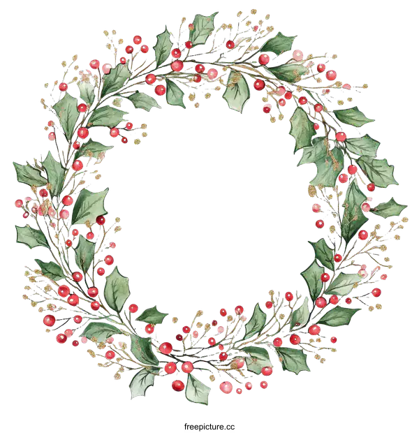 [Transparent Background PNG]Watercolor Christmas Holly Wreath Illustration