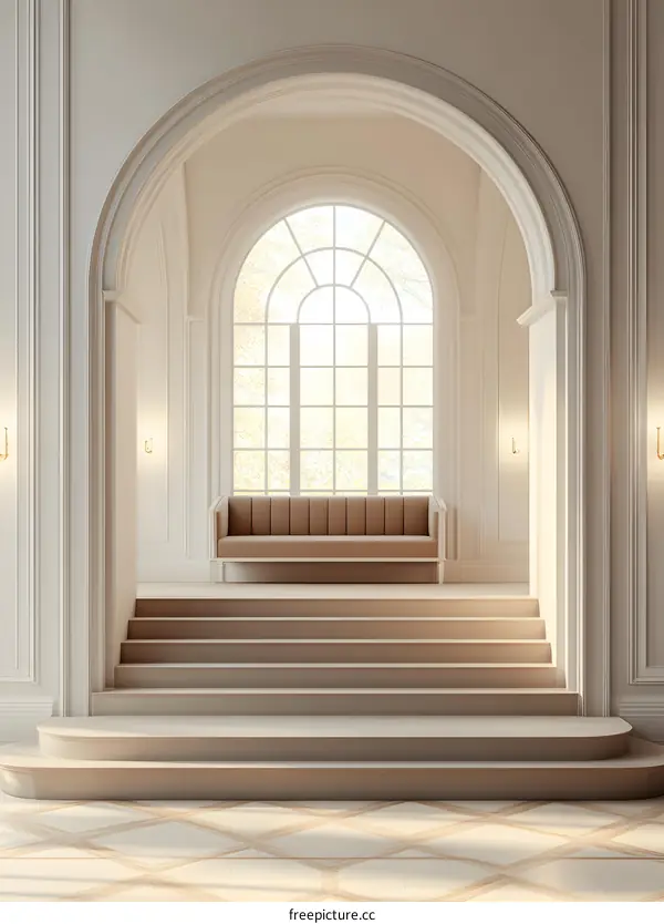 Elegant Minimalist White Archway Interior Design With Stairs And Sofa