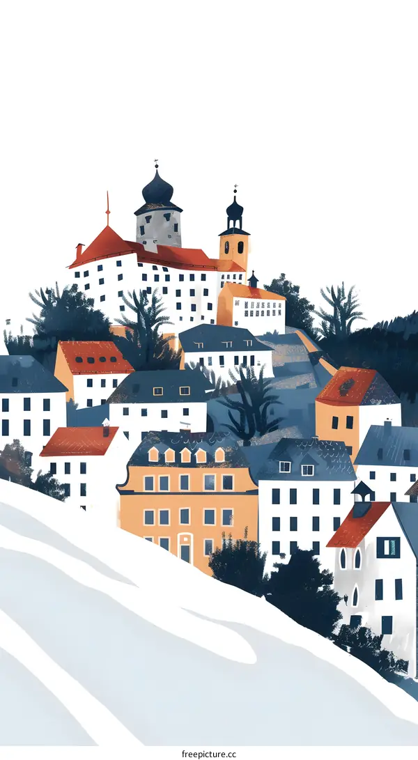 Winter Landscape Illustration of European Village with Snow Covered Hill