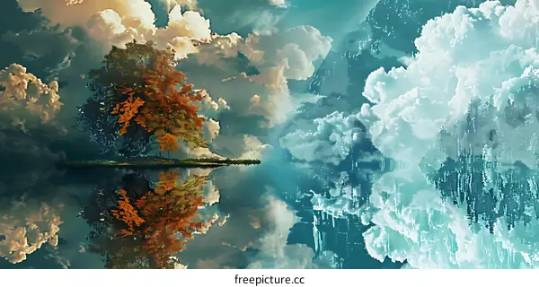Autumn Tree Reflection in Water with Clouds