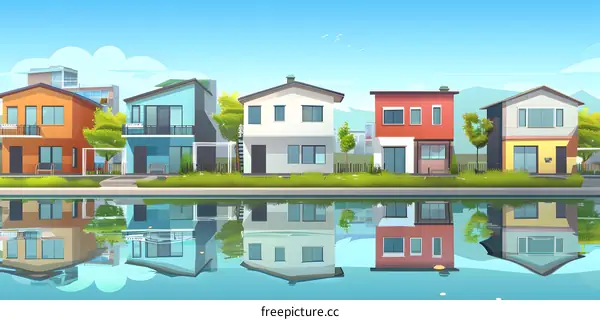 Colorful Row of Houses Reflecting in Water