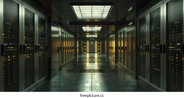 Server Room Interior Hallway with Racks and Lights
