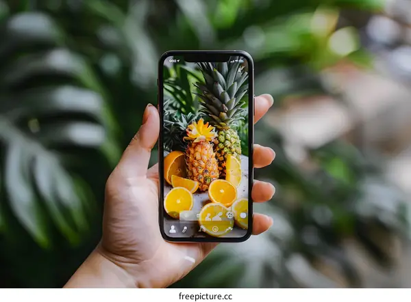 Hand Holding Phone with Pineapple and Orange on the Screen