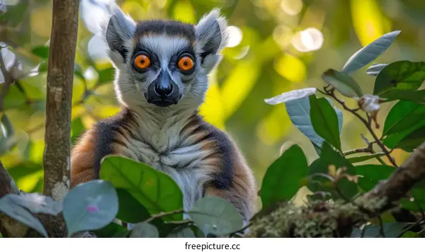 A lemur staring at the camera with wide orange eyes