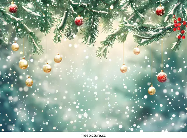 Christmas background with fir branches and red and gold ornaments