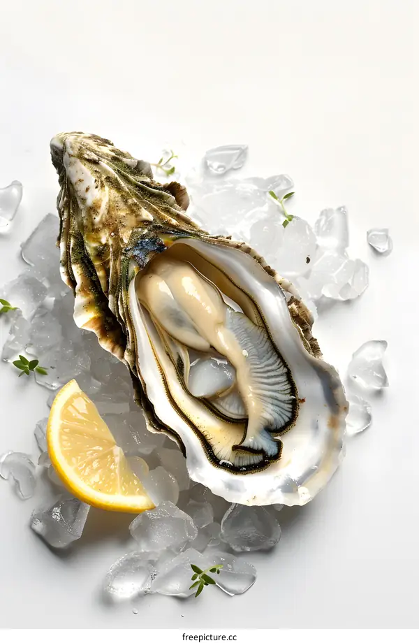 Fresh oyster with lemon on ice